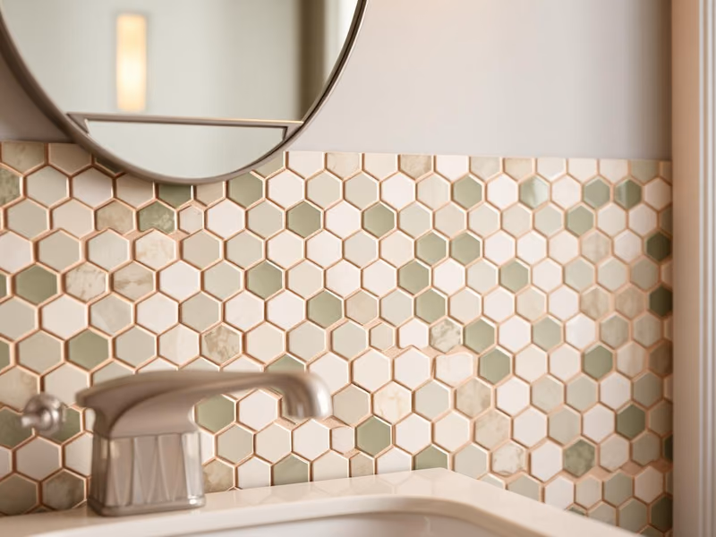 Grön och vit hexagonmosaik som accentvägg bakom badrumskommod